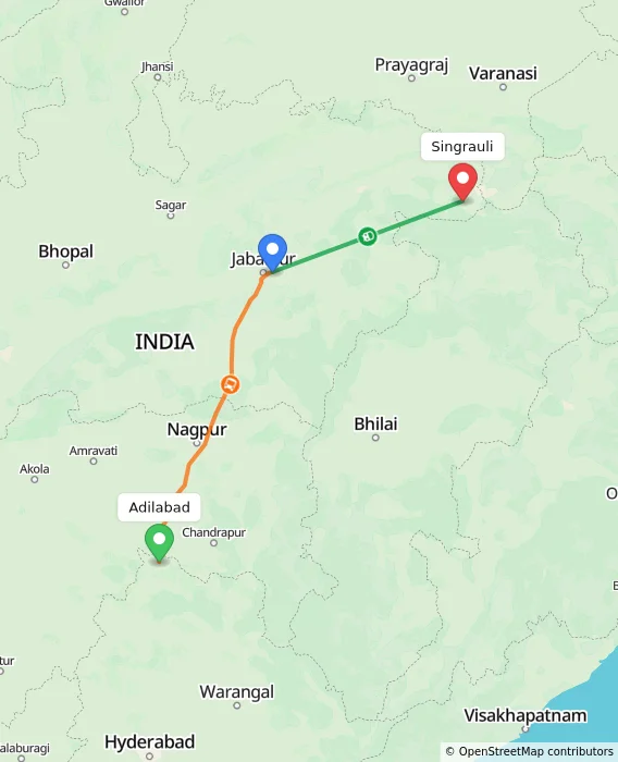 Route map showing distance and travel time from Adilabad, India to Singrauli, India