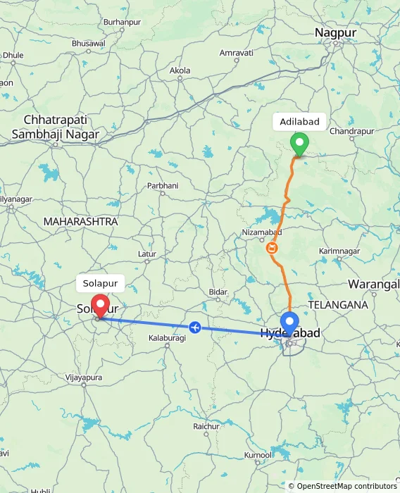 Route map showing distance and travel time from Adilabad, India to Solapur, India