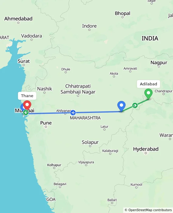 Route map showing distance and travel time from Adilabad, India to Thane, India