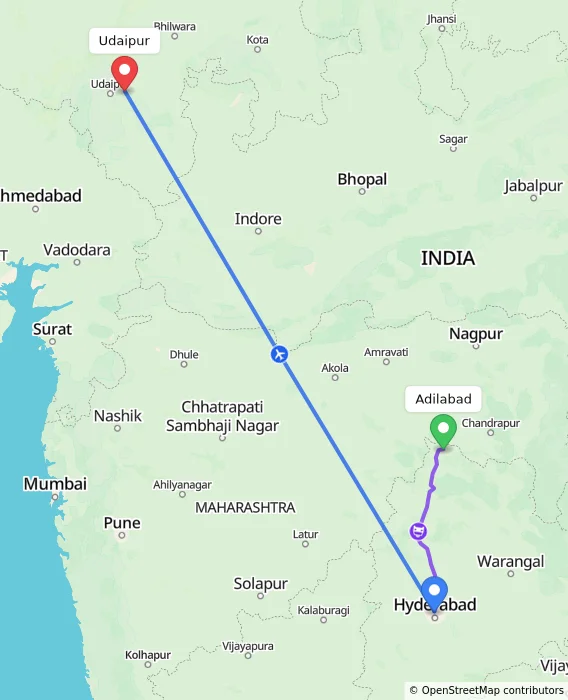 Route map showing distance and travel time from Adilabad, India to Udaipur, India