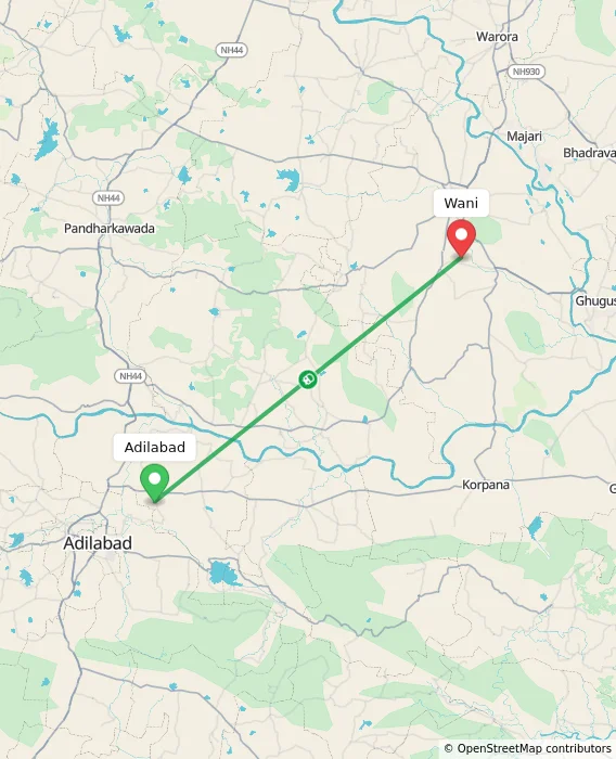 Route map showing distance and travel time from Adilabad, India to Wani, India