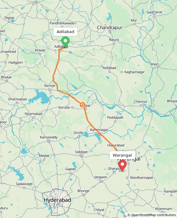 Route map showing distance and travel time from Adilabad, India to Warangal, India