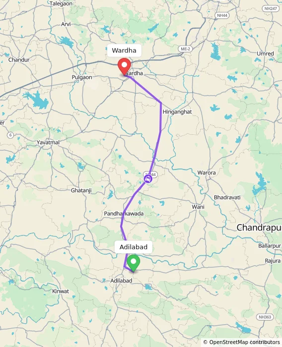 Route map showing distance and travel time from Adilabad, India to Wardha, India
