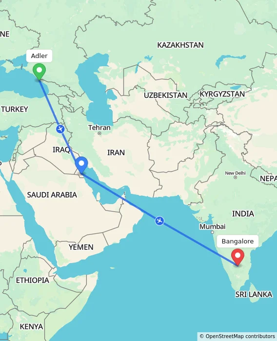 Route map showing distance and travel time from Adler, Russian Federation to Bangalore, India