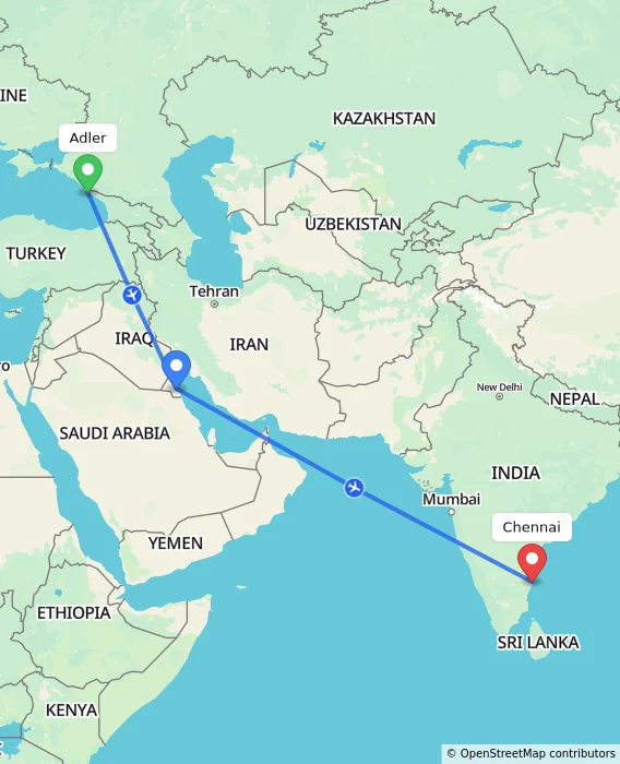 Route map showing distance and travel time from Adler, Russian Federation to Chennai, India