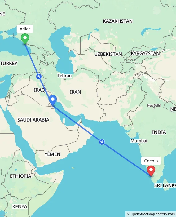 Route map showing distance and travel time from Adler, Russian Federation to Cochin, India