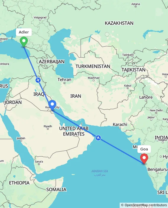 Route map showing distance and travel time from Adler, Russian Federation to Goa, India
