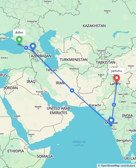 Route map showing distance and travel time from Adler, Russian Federation to Jammu, India