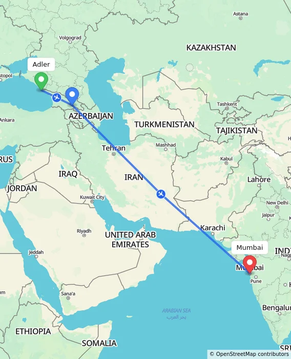 Route map showing distance and travel time from Adler, Russian Federation to Mumbai, India