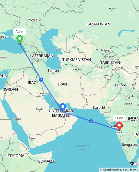 Route map showing distance and travel time from Adler, Russian Federation to Pune, India