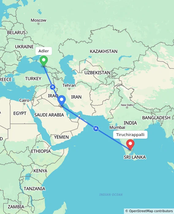 Route map showing distance and travel time from Adler, Russian Federation to Tiruchirappalli, India