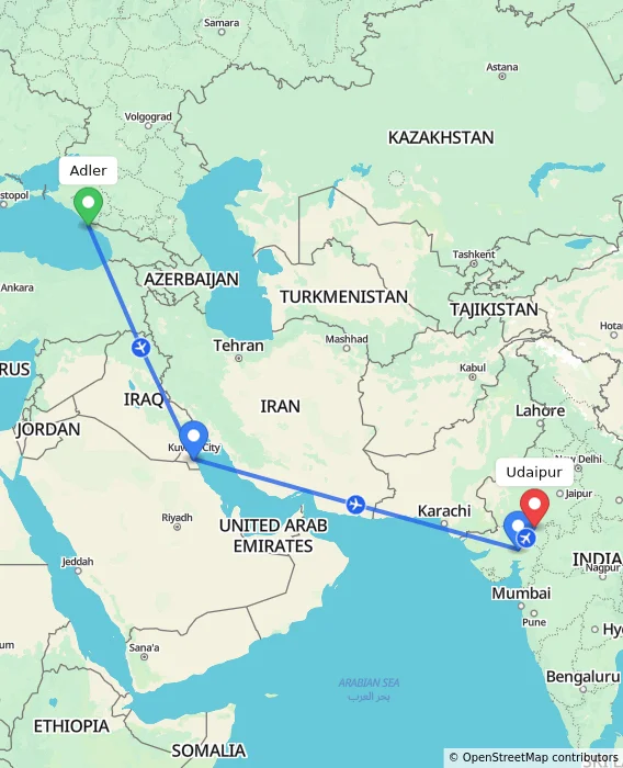 Route map showing distance and travel time from Adler, Russian Federation to Udaipur, India