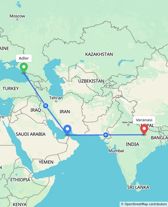 Route map showing distance and travel time from Adler, Russian Federation to Varanasi, India