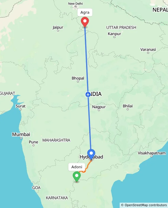 Route map showing distance and travel time from Adoni, India to Agra, India