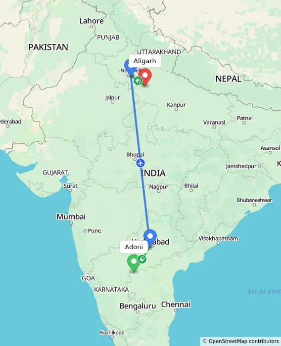 Route map showing distance and travel time from Adoni, India to Aligarh, India
