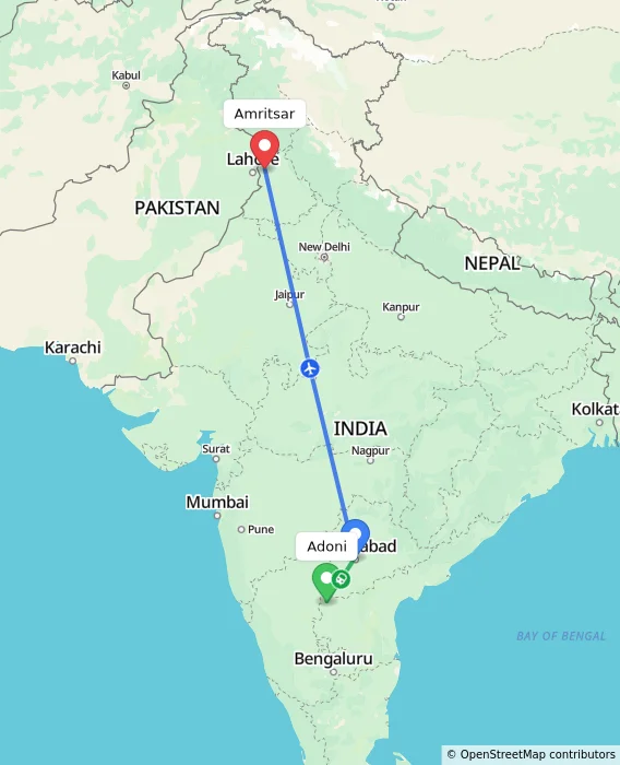 Route map showing distance and travel time from Adoni, India to Amritsar, India
