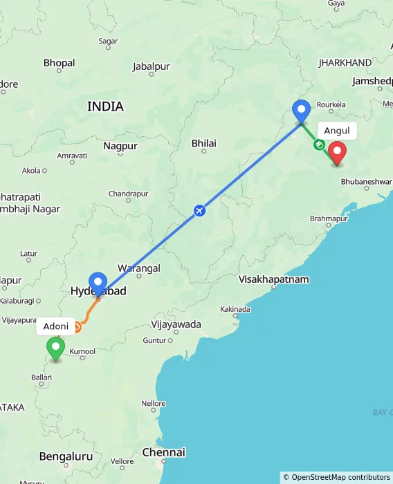 Route map showing distance and travel time from Adoni, India to Angul, India