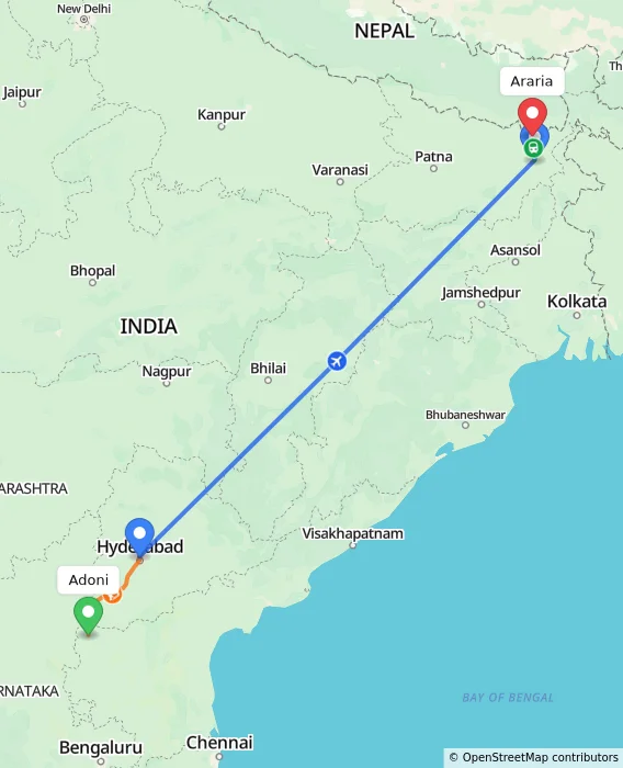 Route map showing distance and travel time from Adoni, India to Araria, India