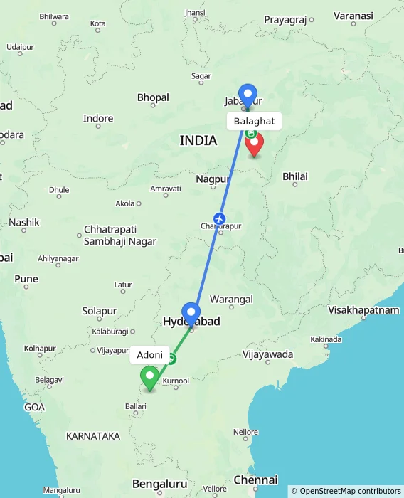Route map showing distance and travel time from Adoni, India to Balaghat, India