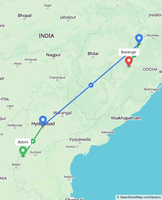 Route map showing distance and travel time from Adoni, India to Balangir, India