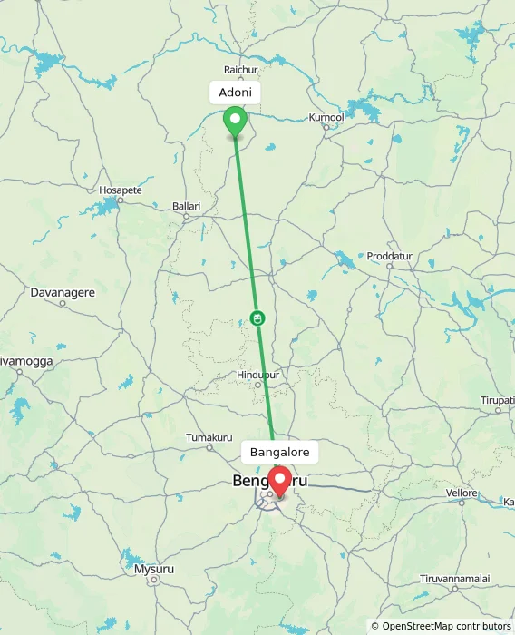 Route map showing distance and travel time from Adoni, India to Bangalore, India
