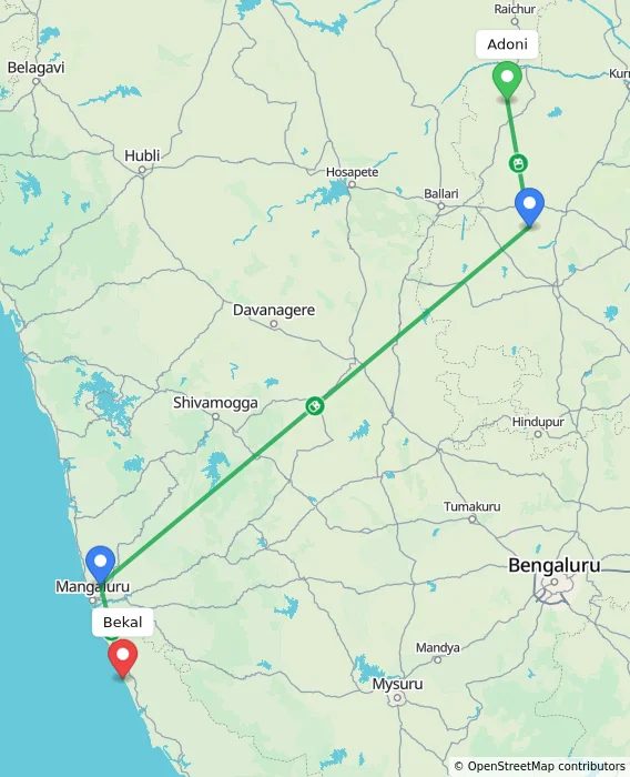 Route map showing distance and travel time from Adoni, India to Bekal, India