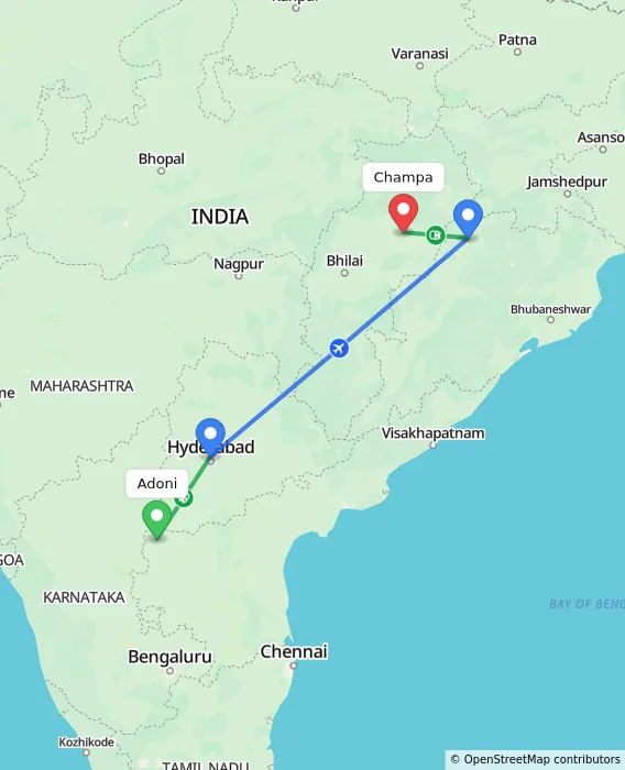Route map showing distance and travel time from Adoni, India to Champa, India