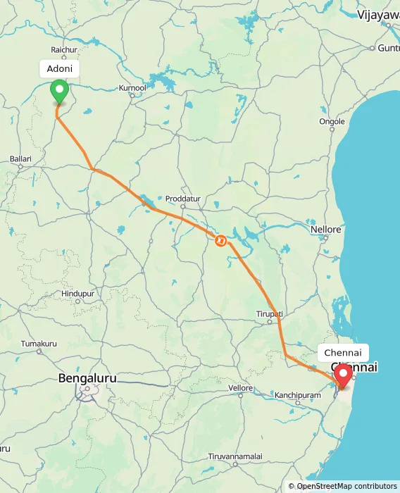 Route map showing distance and travel time from Adoni, India to Chennai, India