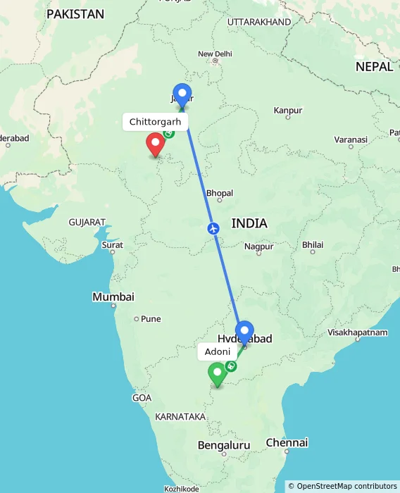 Route map showing distance and travel time from Adoni, India to Chittorgarh, India