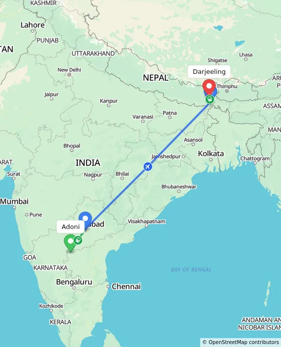 Route map showing distance and travel time from Adoni, India to Darjeeling, India