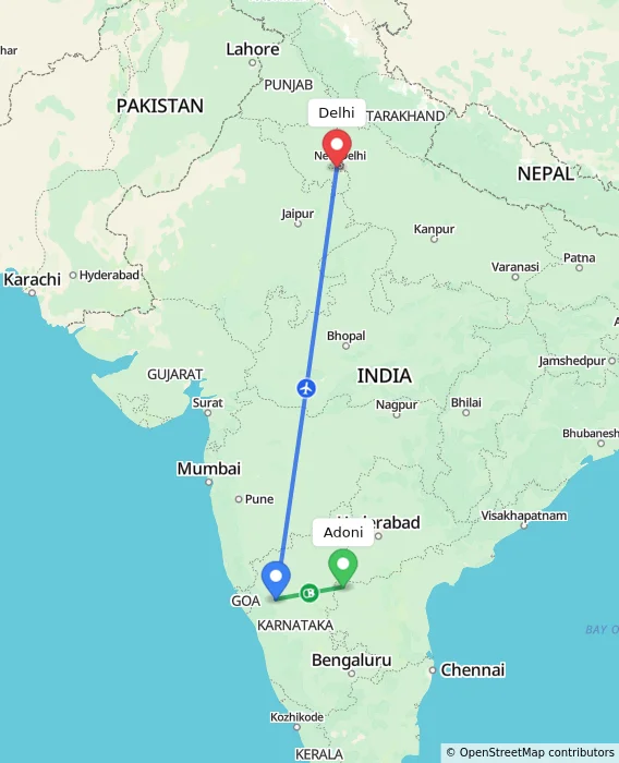 Route map showing distance and travel time from Adoni, India to Delhi, India
