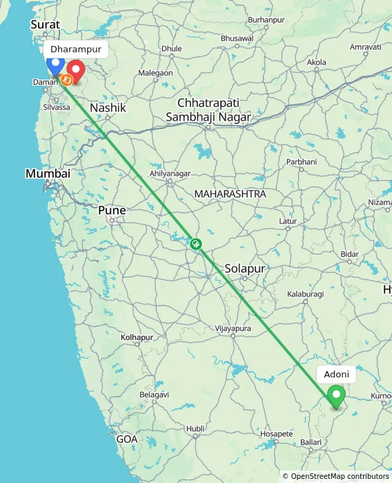 Route map showing distance and travel time from Adoni, India to Dharampur, India