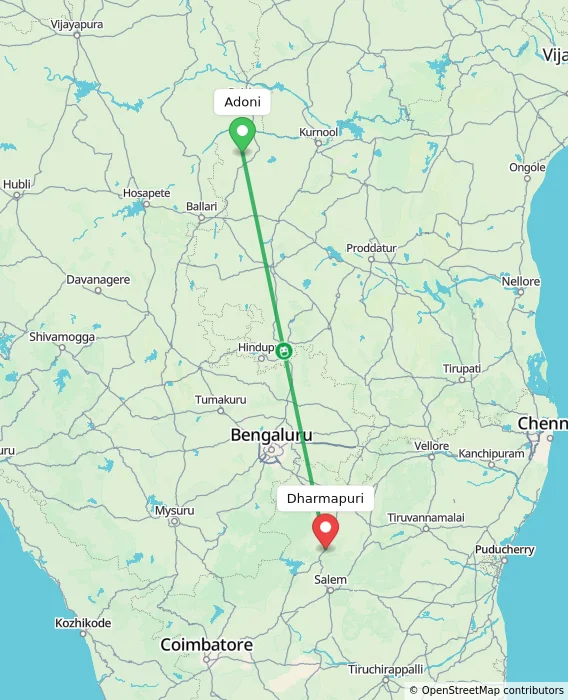 Route map showing distance and travel time from Adoni, India to Dharmapuri, India