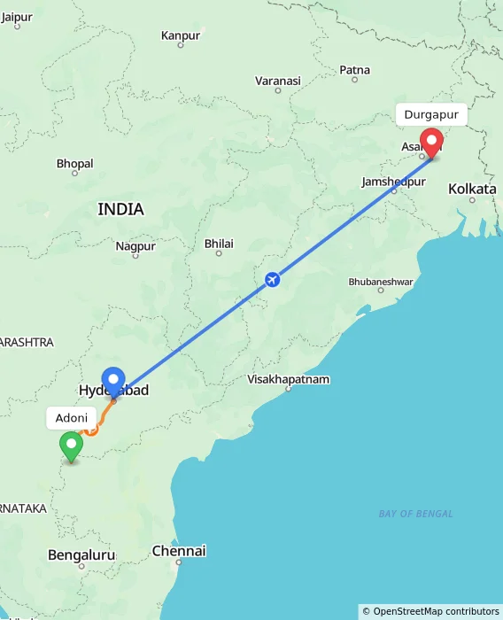 Route map showing distance and travel time from Adoni, India to Durgapur, India