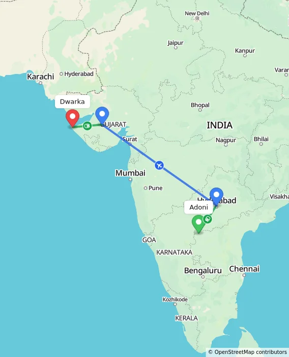 Route map showing distance and travel time from Adoni, India to Dwarka, India