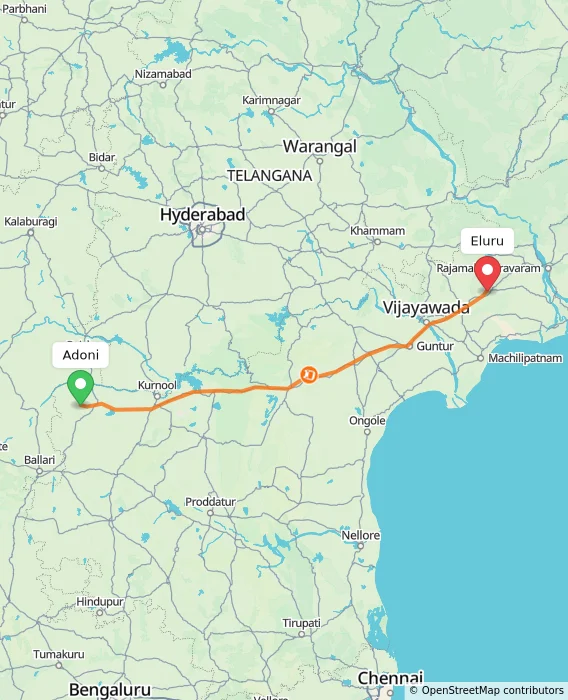 Route map showing distance and travel time from Adoni, India to Eluru, India
