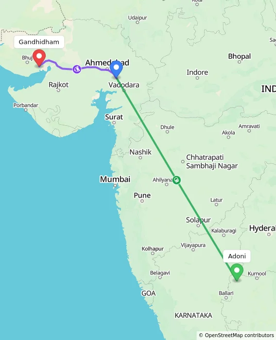 Route map showing distance and travel time from Adoni, India to Gandhidham, India