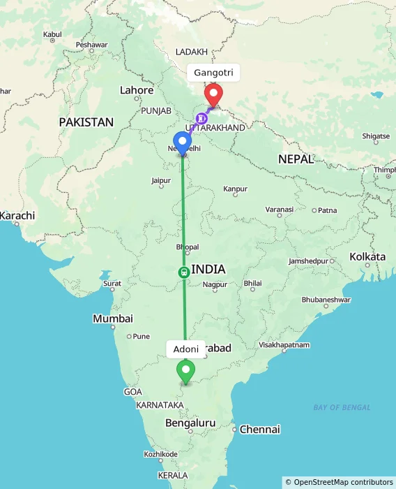 Route map showing distance and travel time from Adoni, India to Gangotri, India