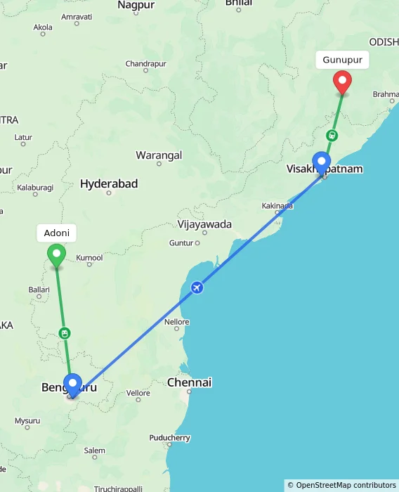 Route map showing distance and travel time from Adoni, India to Gunupur, India