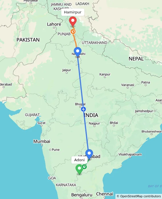 Route map showing distance and travel time from Adoni, India to Hamirpur, India