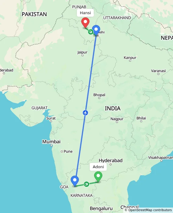 Route map showing distance and travel time from Adoni, India to Hansi, India