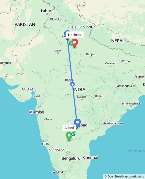 Route map showing distance and travel time from Adoni, India to Hathras, India