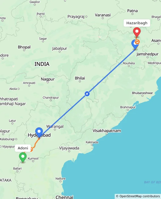 Route map showing distance and travel time from Adoni, India to Hazaribagh, India