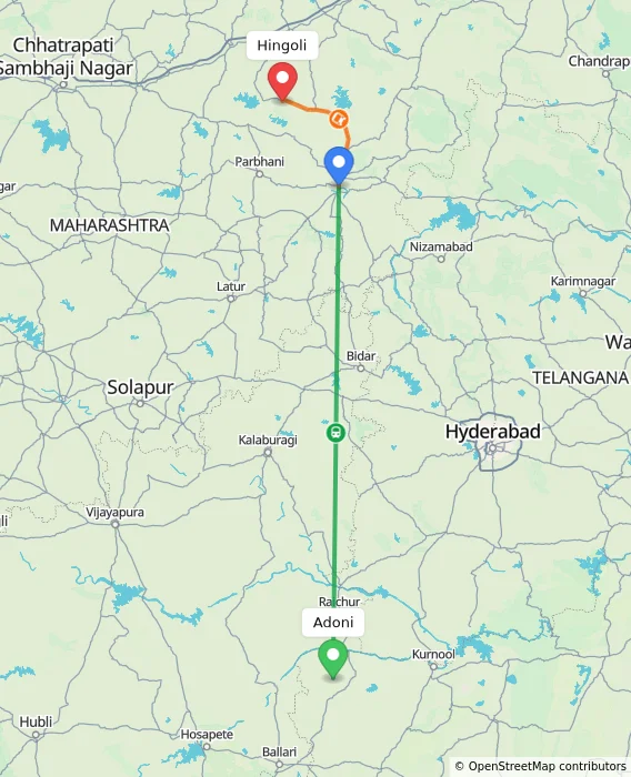 Route map showing distance and travel time from Adoni, India to Hingoli, India