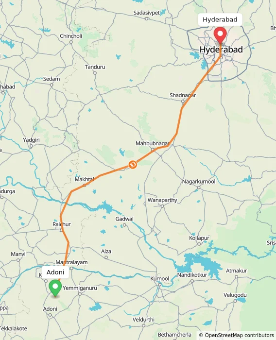Route map showing distance and travel time from Adoni, India to Hyderabad, India