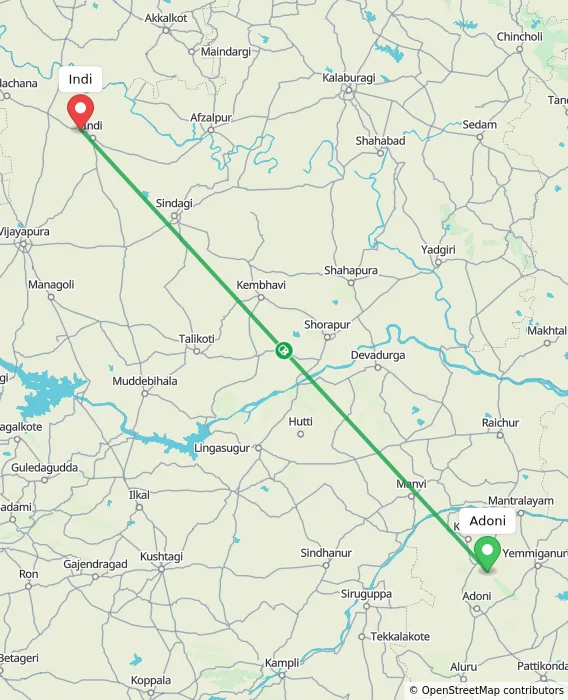 Route map showing distance and travel time from Adoni, India to Indi, India