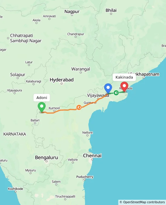 Route map showing distance and travel time from Adoni, India to Kakinada, India