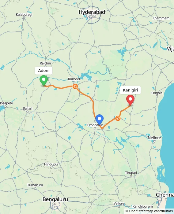 Route map showing distance and travel time from Adoni, India to Kanigiri, India