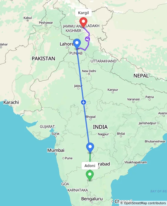 Route map showing distance and travel time from Adoni, India to Kargil, India