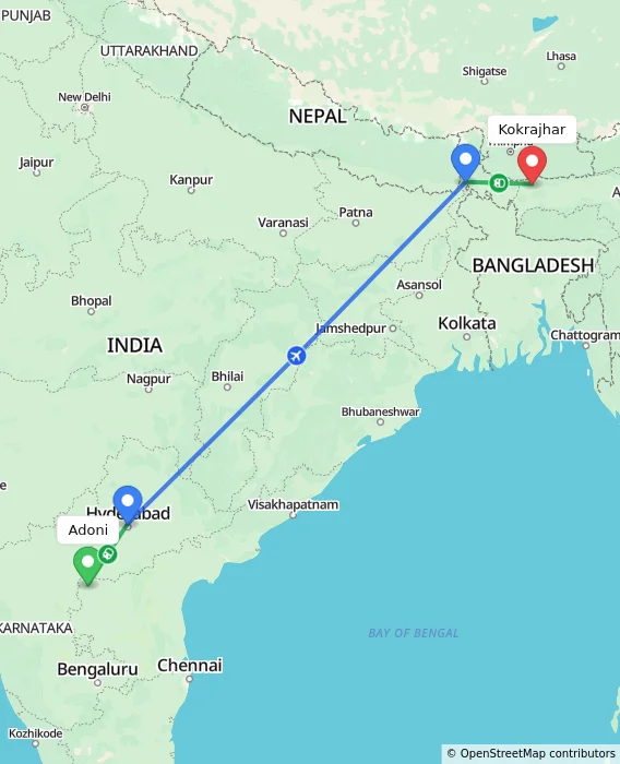 Route map showing distance and travel time from Adoni, India to Kokrajhar, India